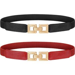 Women Skinny Elastic Cinch Belt 2-Pack Retro Gold Buckle Fits Waist 32-39